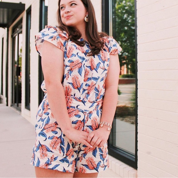Orange blue and white preppy floral two piece set - Picture 2 of 2